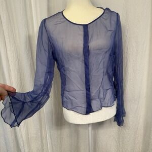 Womens Blue Sheer Mesh Long Sleeve Button Down Top Size S/M Fairy Whimsigoth Y2K
